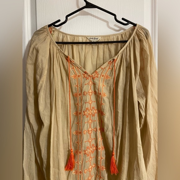 Lucky Brand Cream Boho Tassel Cotton Lightweight Flowy Coastal Blouse Size Small - Picture 2 of 7